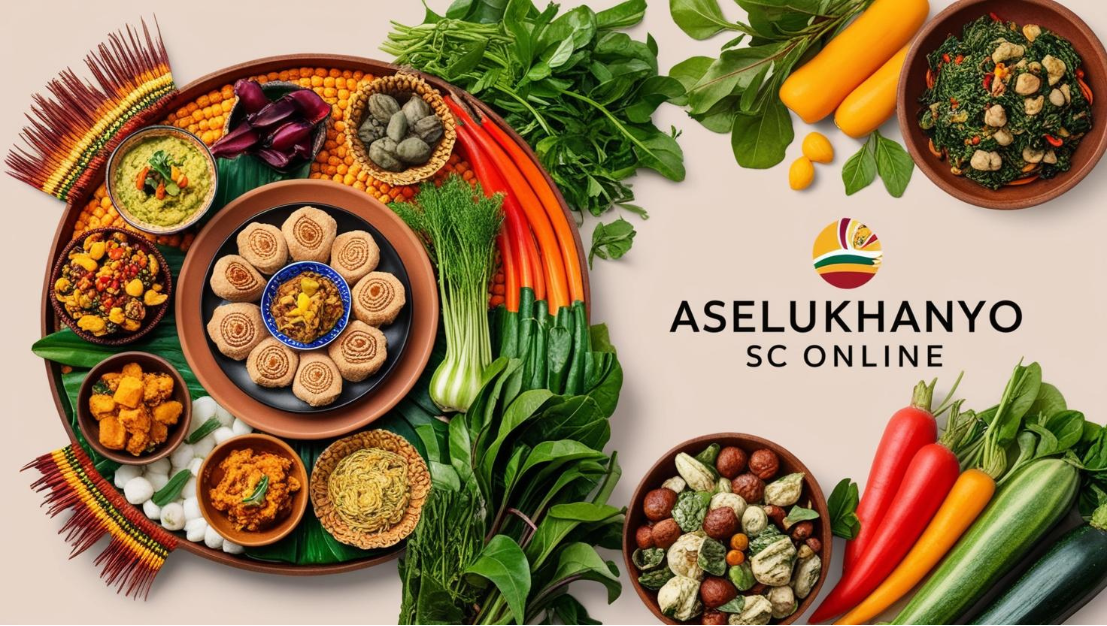 Assorted foods and vegetables with ASELUKHANYO SC ONLINE logo on a beige background